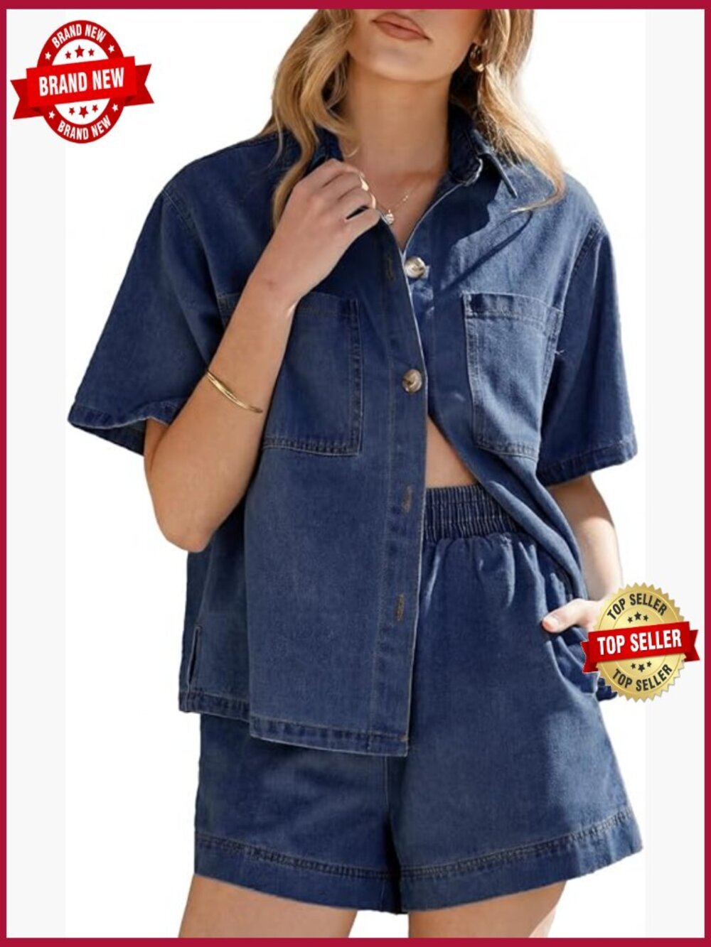 2 Piece Denim Set with Short Sleeve Button Down Shirt and High Waisted Shorts
